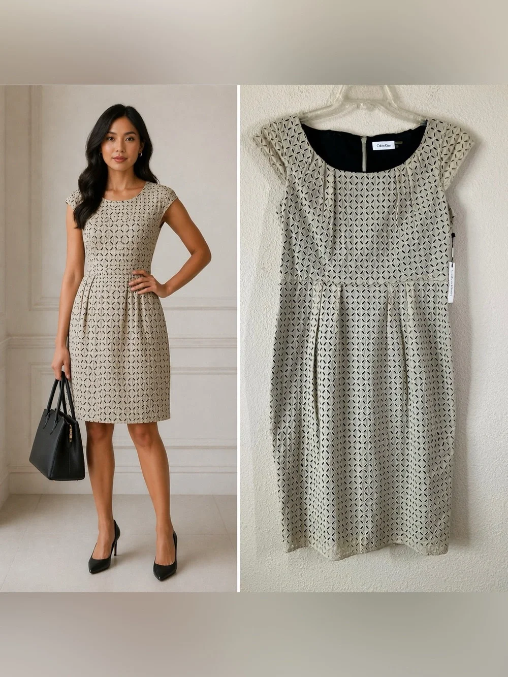 CALVIN KLEIN Eyelet Fit Flare Dress 8 NEW Cap Sleeve Career Wedding Vacation